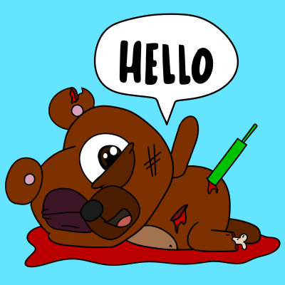 a cartoon drawing of a teddy bear with a speech bubble that says hello