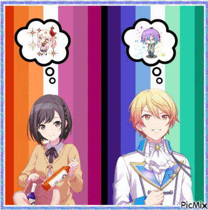 a boy and a girl are standing next to each other with speech bubbles in their heads .