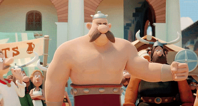 a group of cartoon vikings are standing in front of a sign that says ts