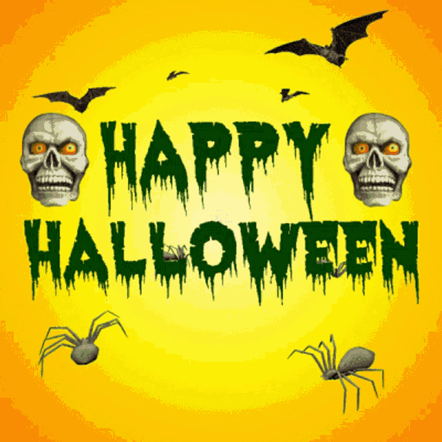a yellow background with skulls bats and spiders that says happy halloween