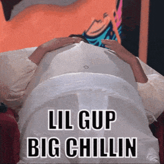 a person laying on a bed with the words lil gup big chillin on the bottom