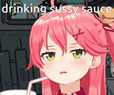 a girl with pink hair and green eyes drinking a straw with the words drinking sussy sauce above her
