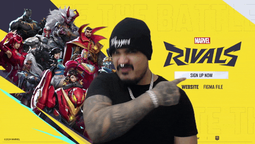 a man stands in front of a marvel rivals sign up screen