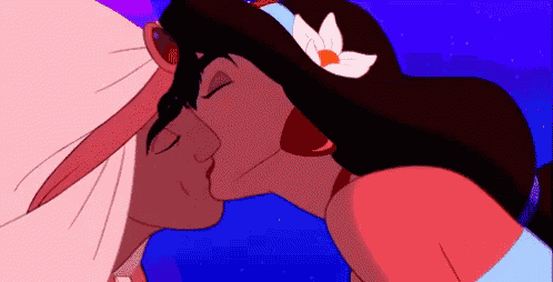 a cartoon of a man and a woman kissing with a flower in their hair .