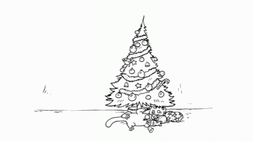 a black and white drawing of a christmas tree with presents underneath it