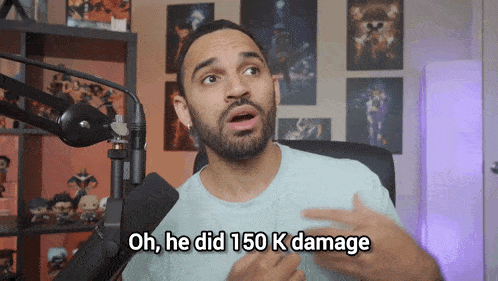 a man in front of a microphone with the words oh he did 150 k damage