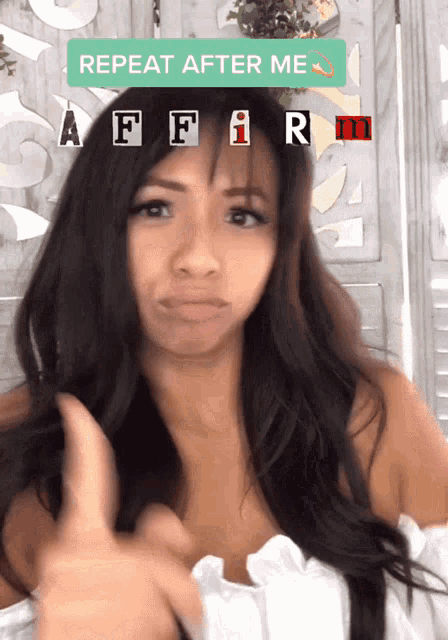 a woman giving a thumbs up with the words repeat after me affair written on the bottom