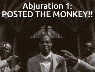 a man in a suit and bow tie stands in front of a group of men and says abjuration 1 : posted the monkey