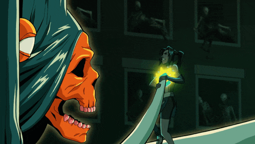 a cartoon drawing of a skull and a woman with skeletons behind them
