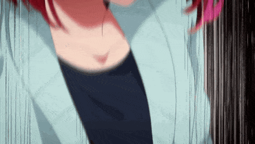 a woman with red hair is wearing a blue jacket and a black shirt