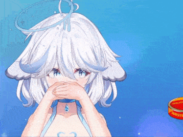 a girl with white hair and a halo on her head
