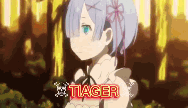 a girl with blue hair is standing in a forest and the word tiager is on the bottom