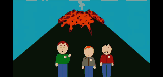 three cartoon characters stand in front of a volcano