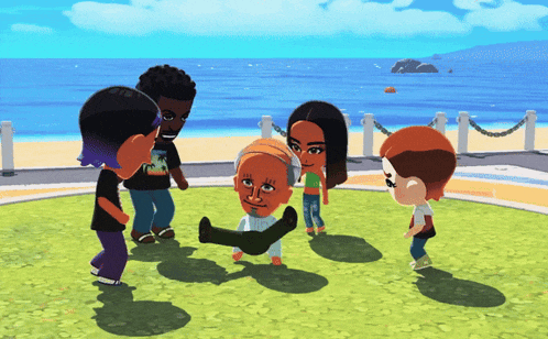 a group of cartoon characters are standing around a man 's head with a face on it