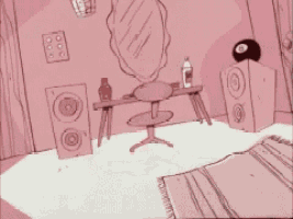 a cartoon character is laying on a chair in a room