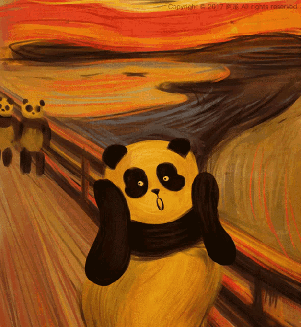 a painting of a panda bear covering its ears with its hands with the year 2017 on the bottom
