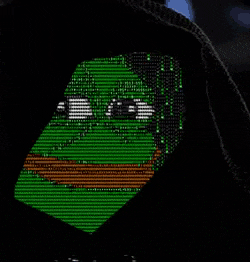 a person is wearing a black hoodie with a green screen on it that looks like a turtle .