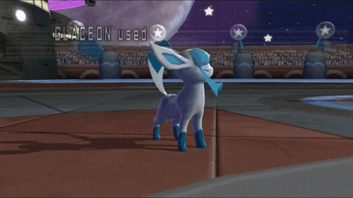 a video game screen shows a character named glaceon using ice beam