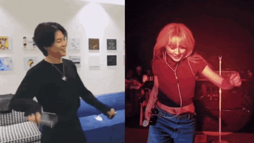a man in a black shirt and a woman in a red shirt are dancing together