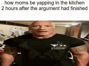 a muscular man in a black shirt is standing in a gym with a caption that says how moms be yapping in the kitchen