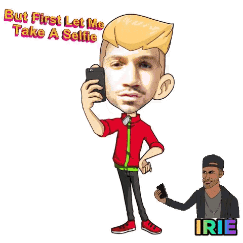 a cartoon of a man taking a selfie with the words " but first let me take a selfie "