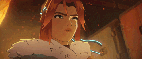 a close up of a cartoon character with red hair and white fur