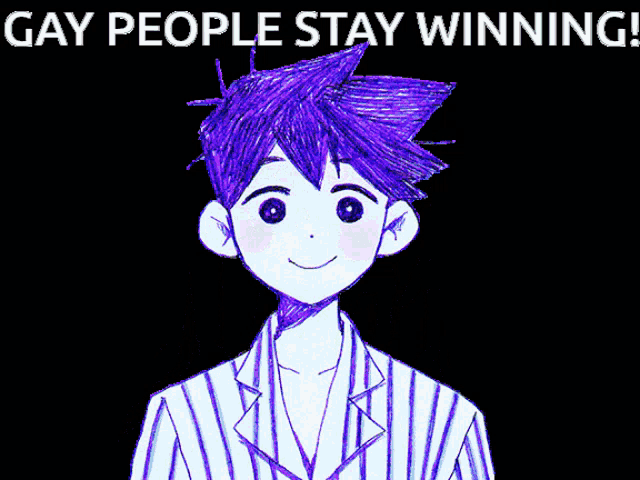 a group of anime characters standing next to each other with the words gay people stay winning