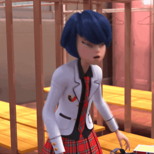 a girl with blue hair and a plaid skirt is standing in a room