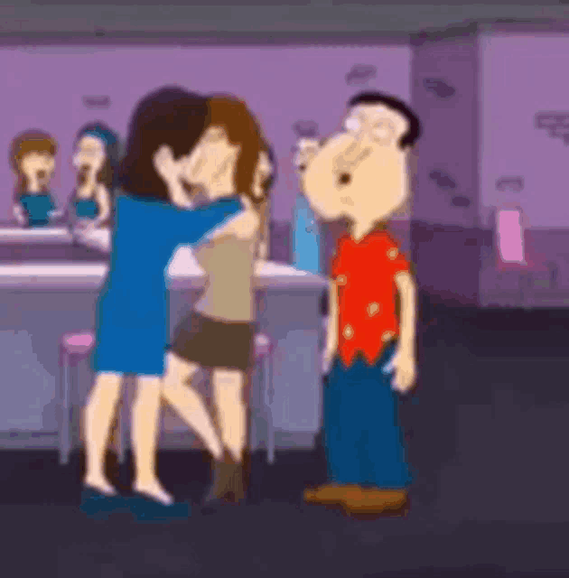 a man and a woman are kissing in a cartoon .