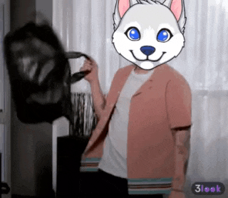 a person with a husky mask on holding a bag