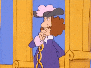 a cartoon of a man in a purple coat and hat pointing at something