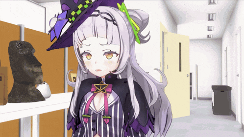 a girl with purple hair is standing in a hallway