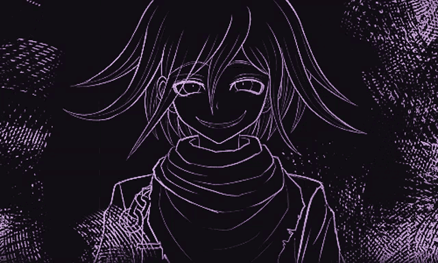 a drawing of a girl with purple hair and a scarf on a black background
