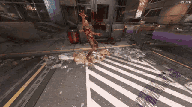 a screenshot of a video game shows a zombie with blood coming out of his mouth
