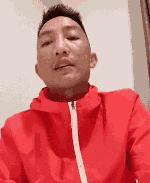 a man wearing a red jacket is looking at the camera .