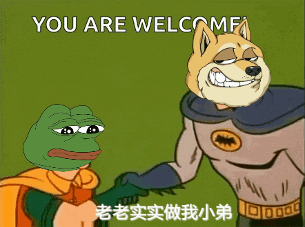 a cartoon of a dog shaking hands with a frog that says " you are welcome " in the background