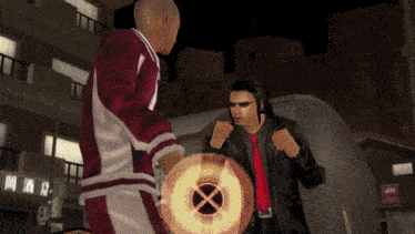 a man in a red and white jacket is fighting another man