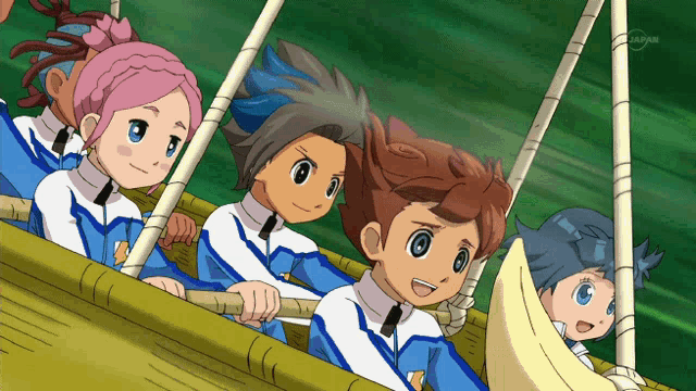 a group of cartoon characters are riding in a hot air balloon with the word japan on the bottom right
