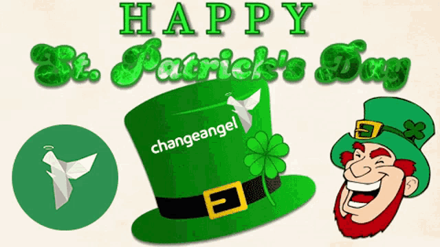 a happy st. patrick 's day greeting with a leprechaun and a green hat