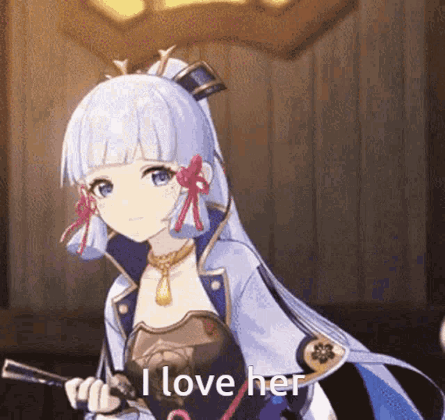a anime girl with long white hair is holding a sword and says i love her .