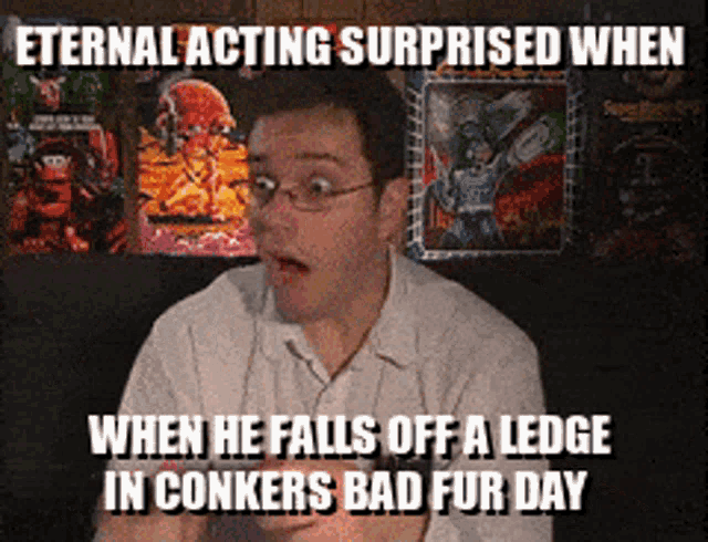 a man is surprised when he falls off a ledge in a conkers bad fur day