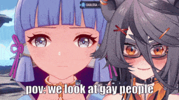 two anime girls are standing next to each other with the caption " pov we look at gay people " on the bottom