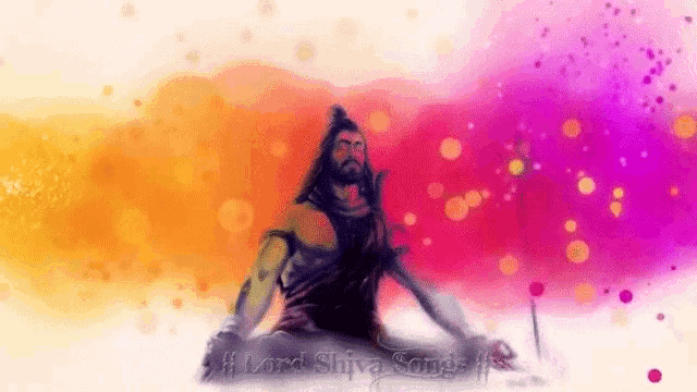 a painting of lord shiva sitting in a lotus position with a sword