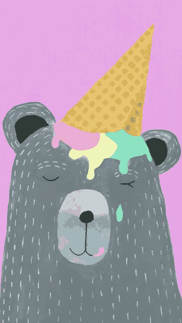 a bear wearing a party hat with ice cream on it