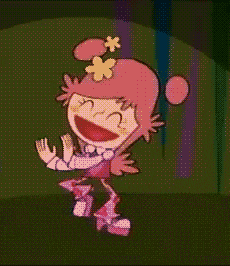 a cartoon girl with pink hair and a flower in her hair is dancing