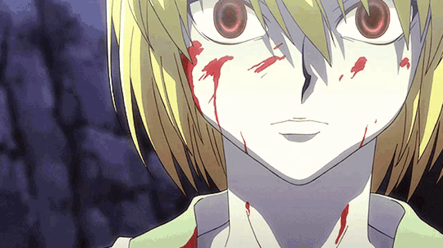 a close up of a cartoon character with blood on his face