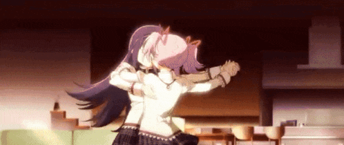 a cartoon girl with long purple hair is dancing in a room .