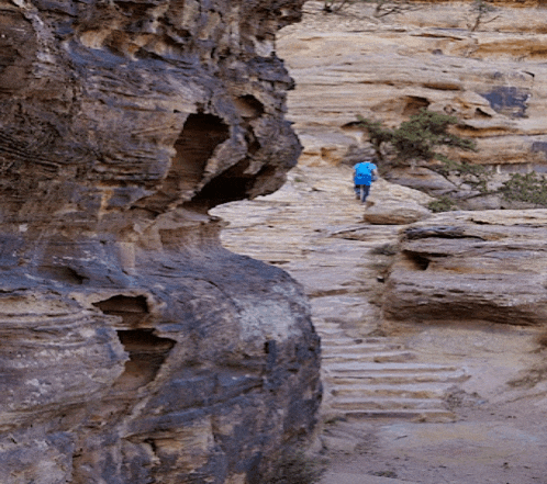 a person in a blue jacket is walking up a set of stairs in the desert