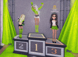 three dolls standing on a podium with numbers 2 1 and 3