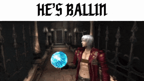 a man in a red jacket holding a blue ball with the words he 's ballin